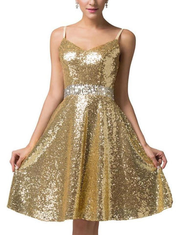 Double V-Neck Sequin Gold Sexy Party Dress