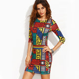 Multicolor Meander Pattern Print Bodycon Dress