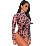 Sheer Mesh Print Long Sleeves Bodysuit