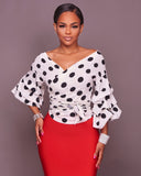 Lantern Sleeve Polka Dots Chiffon Blouses