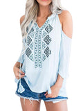 3/4 Chiffon Cold Shoulder Tassel Lace Up Blouse