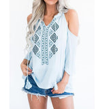 3/4 Chiffon Cold Shoulder Tassel Lace Up Blouse