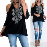 3/4 Chiffon Cold Shoulder Tassel Lace Up Blouse