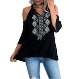 3/4 Chiffon Cold Shoulder Tassel Lace Up Blouse