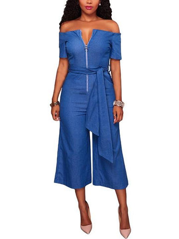 Denim Off Shoulder Wide Leg Jumpsuit