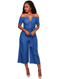 Denim Off Shoulder Wide Leg Jumpsuit