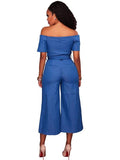 Denim Off Shoulder Wide Leg Jumpsuit