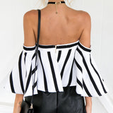 Striped Casual Off the Shoulder Crop Top Shirt