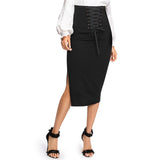 Grommet Lace Up Split Midi Skirt