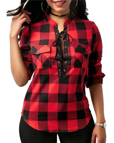 Casual Plaid Long Sleeve Lace Up Blouse