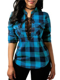 Casual Plaid Long Sleeve Lace Up Blouse