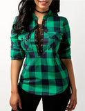 Casual Plaid Long Sleeve Lace Up Blouse