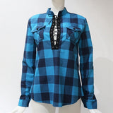 Casual Plaid Long Sleeve Lace Up Blouse