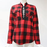 Casual Plaid Long Sleeve Lace Up Blouse