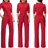 Stand up collar half sleeve sashes jumpsuit