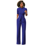 Stand up collar half sleeve sashes jumpsuit