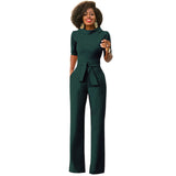 Stand up collar half sleeve sashes jumpsuit