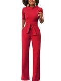 Stand up collar half sleeve sashes jumpsuit