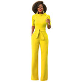 Stand up collar half sleeve sashes jumpsuit