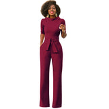 Stand up collar half sleeve sashes jumpsuit