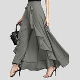 Side Zipper Tie Waist Ruffle Palazzo Pants