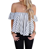 Off Shoulder Slash Neck Striped Halter  Blouse