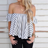 Off Shoulder Slash Neck Striped Halter  Blouse