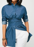 Curved Navy Blue Button Up Blouse