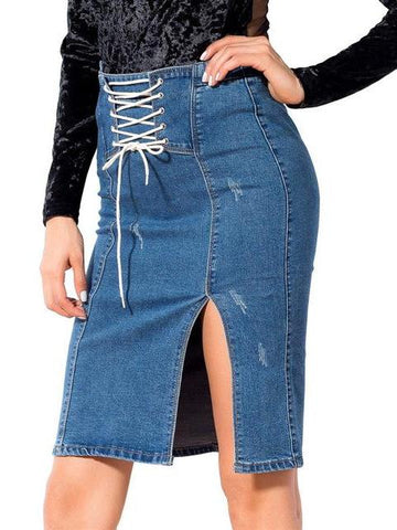 Knee-Length Split Denim lace skirt