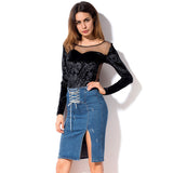 Knee-Length Split Denim lace skirt