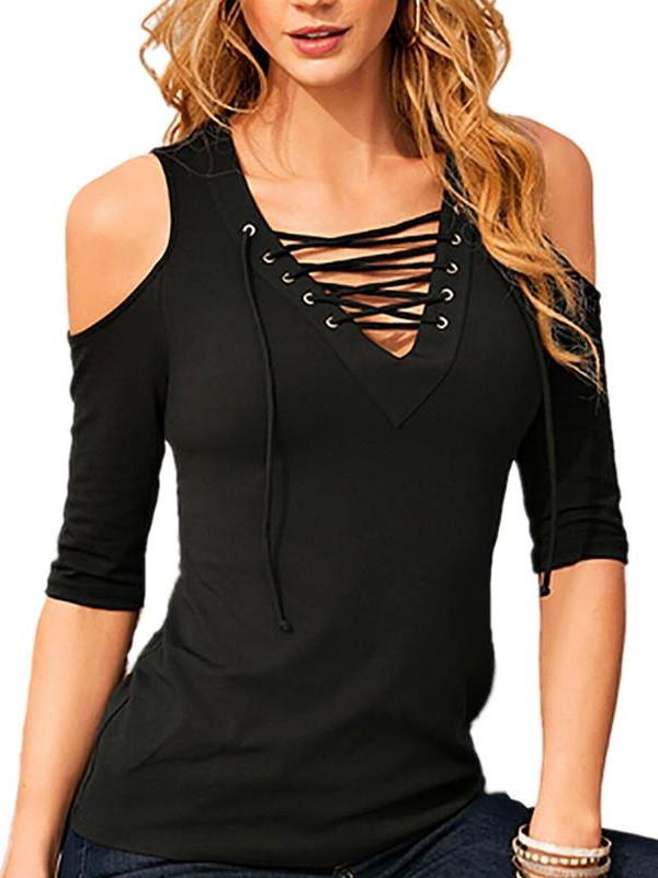 Criss cross deep V neck lace up top – TheBossLadyStore