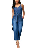 Belted Open Back Denim Jumpsuit