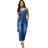 Belted Open Back Denim Jumpsuit