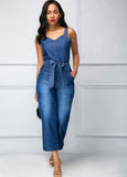 Belted Open Back Denim Jumpsuit