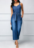 Belted Open Back Denim Jumpsuit