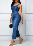 Belted Open Back Denim Jumpsuit