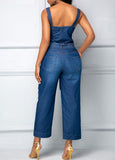 Belted Open Back Denim Jumpsuit